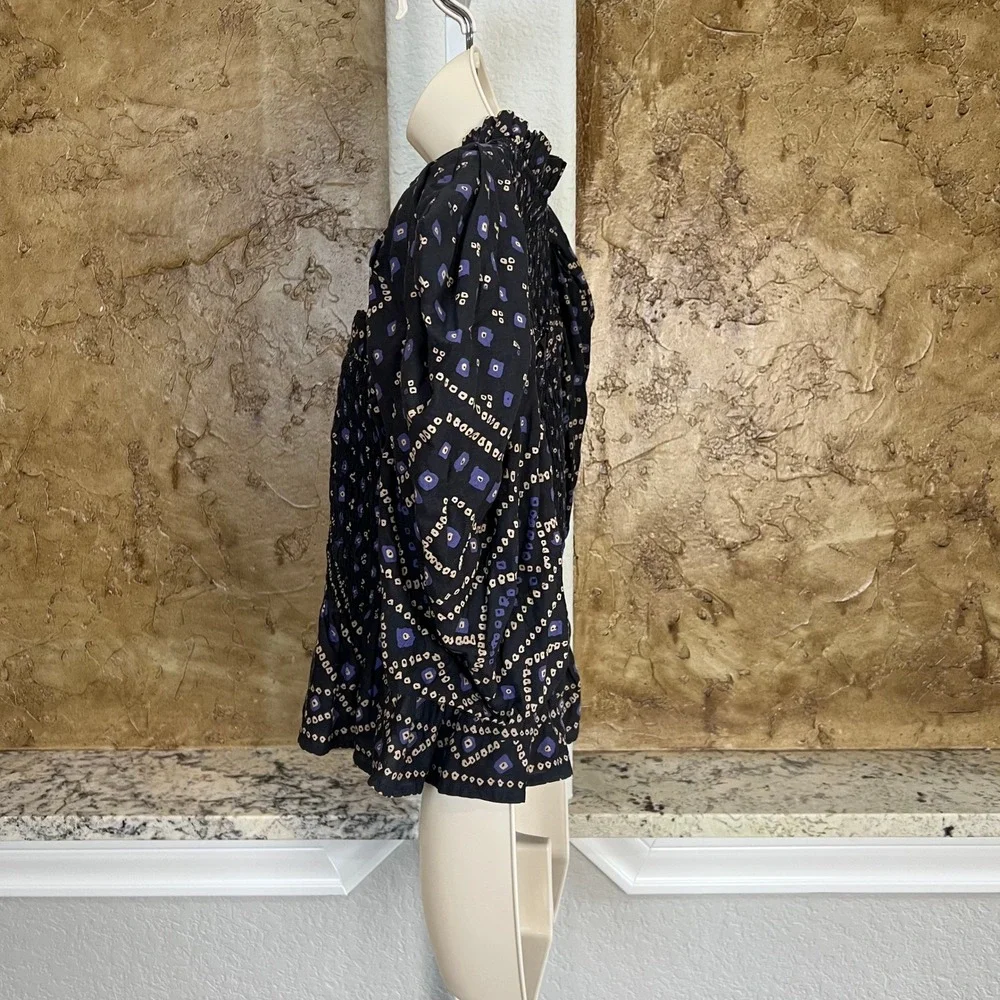 Sea New York Delphine Puff Sleeve Smocked Top Small? Black Blue Geometric Cotton - Picture 5 of 12